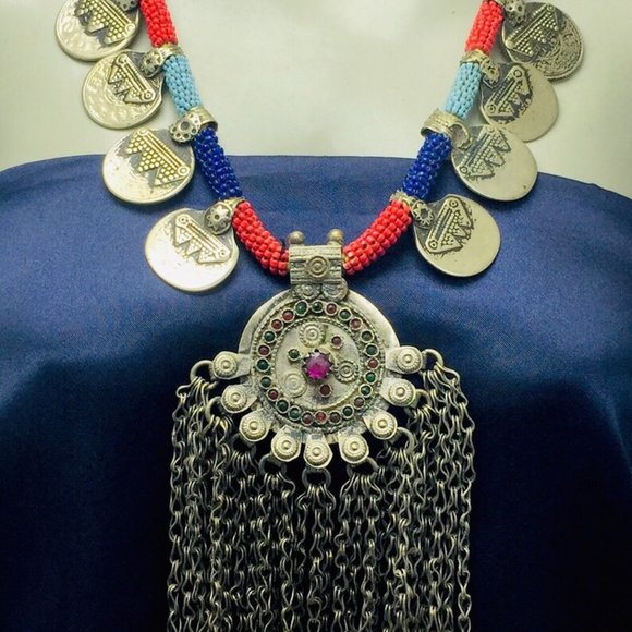 Vintage Coins Necklace With Dangling Pendant,Tribal Beaded Pendant Necklace - Picture 1 of 7